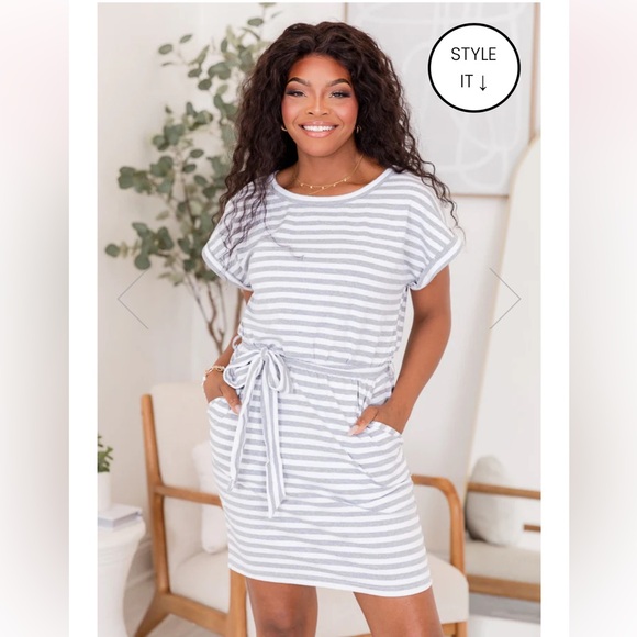 Pink Lily Dresses & Skirts - ⭐️SALE⭐️ NWT NO CLOUDY SKIES GREY STRIPED T-SHIRT DRESS